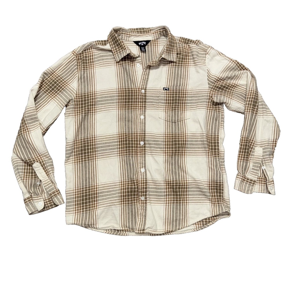Billabong Coastline Plaid Flannel Button Shirt Men's Size Medium White Tan Brown